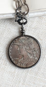 Antique Silver French Coin Replica Pendant on a Chunky Silver Over Bronze Chain Necklace