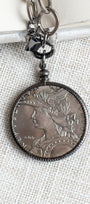 Antique Silver French Coin Replica on a Chunky Silver Chain Necklace