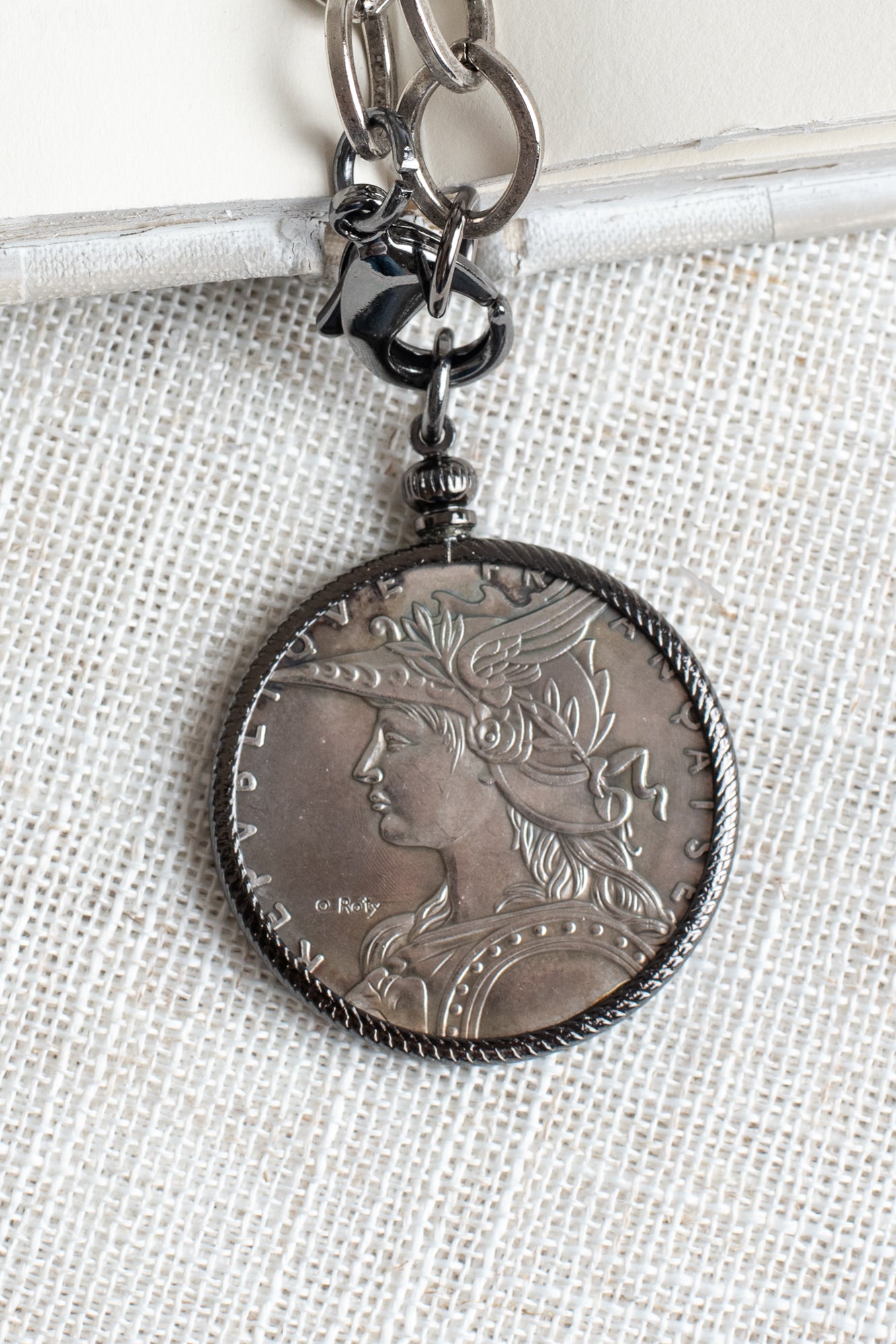 Antique Silver French Coin Replica Pendant on a Chunky Silver Over Bronze Chain Necklace