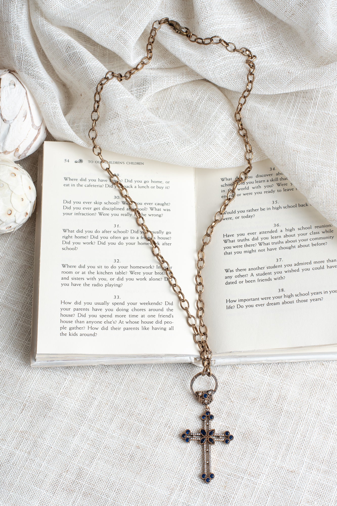 Blue and White Crystal Pave Turkish Sterling Silver Cross Pendant on an Italian Textured Oval Chain