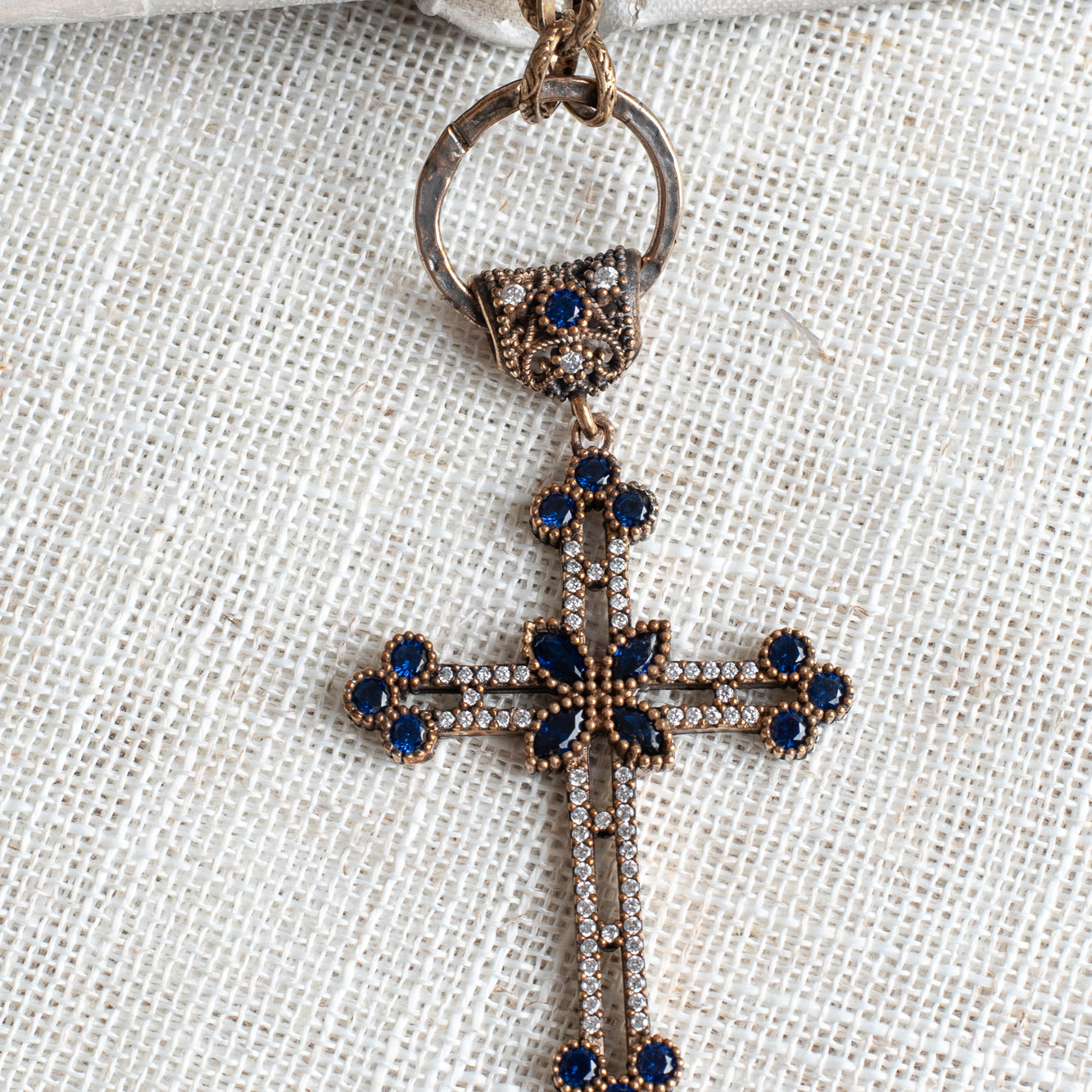 Turkish Sterling Silver Blue & White Pavé Crystal Cross Necklace