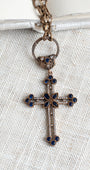 Blue and White Crystal Pave Turkish Sterling Silver Cross Pendant on an Italian Textured Oval Chain