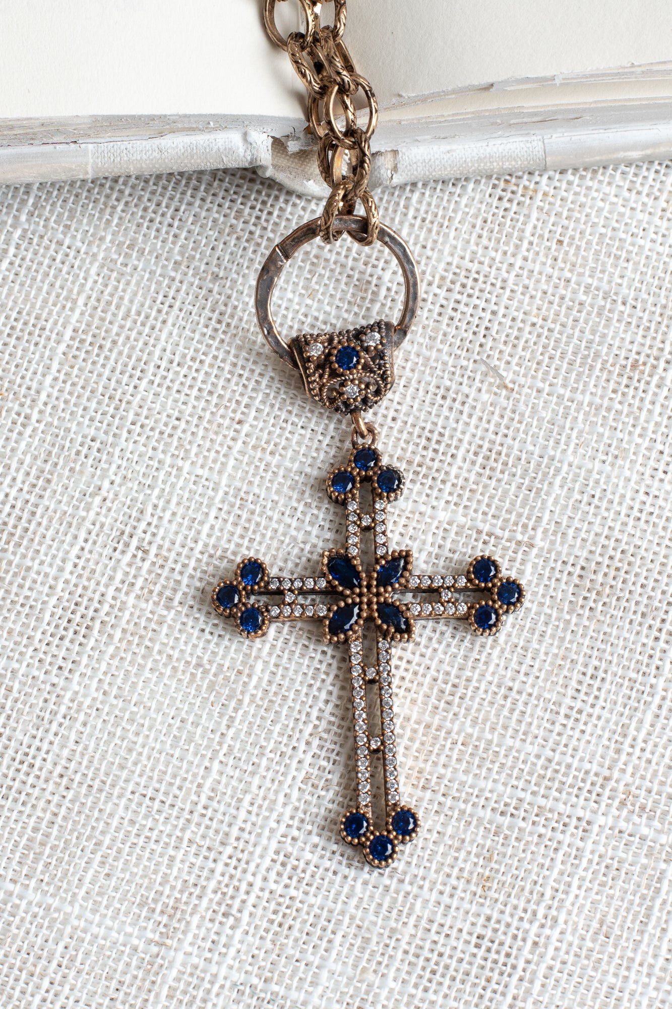 Blue and White Crystal Pave Turkish Sterling Silver Cross Pendant on an Italian Textured Oval Chain