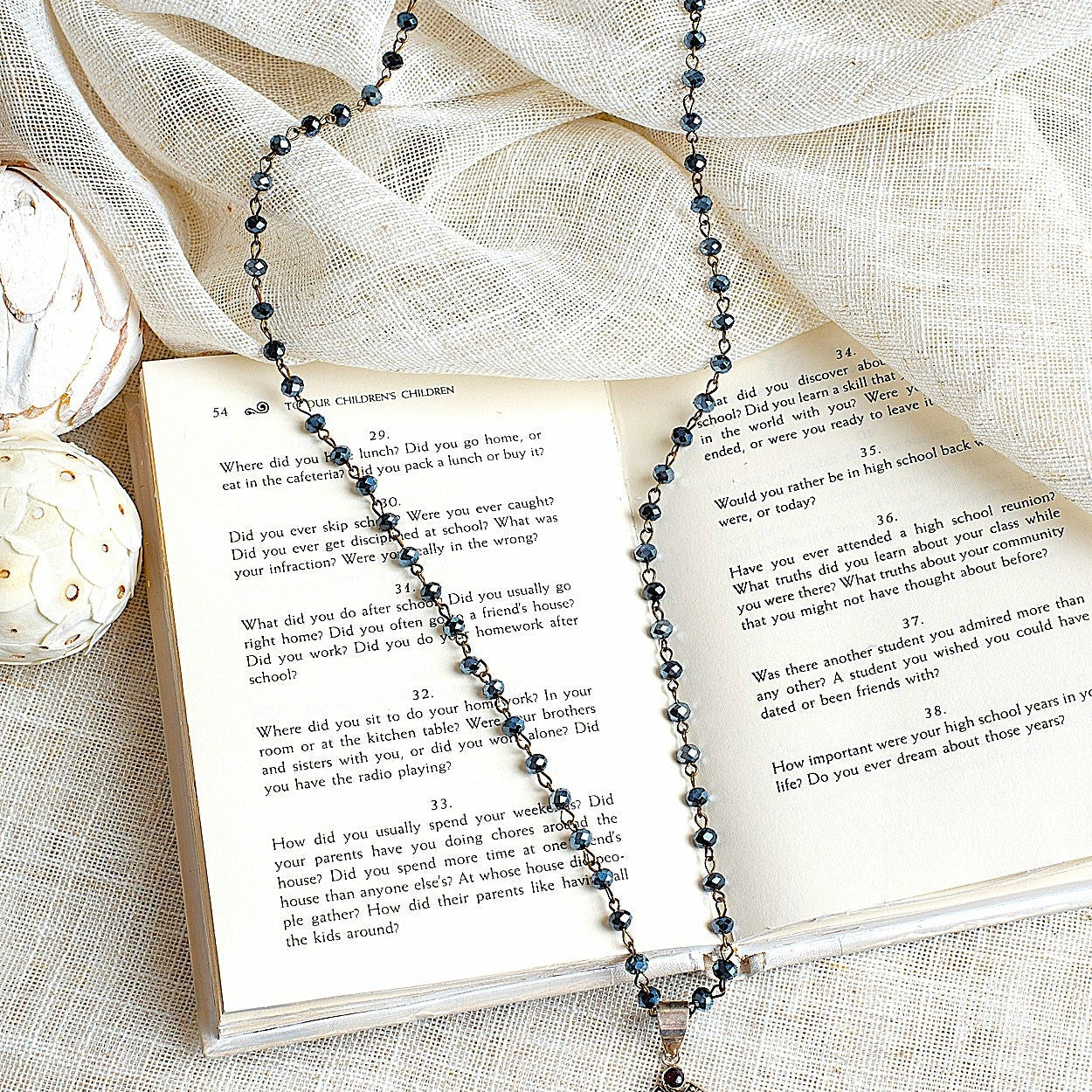 Ornate Dark Sapphire Sterling Silver Cross Pendant on a Black Crystal Rosary Chain Necklace