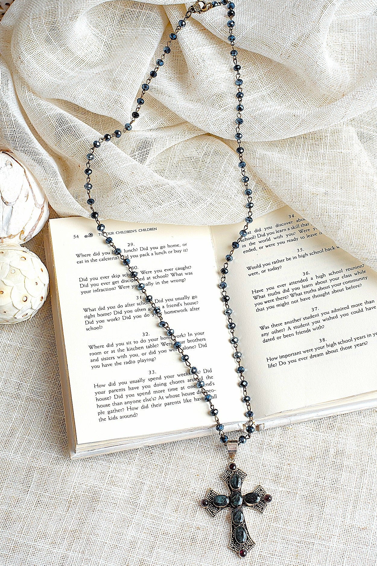 Ornate Dark Sapphire Sterling Silver Cross Pendant on a Black Crystal Rosary Chain Necklace