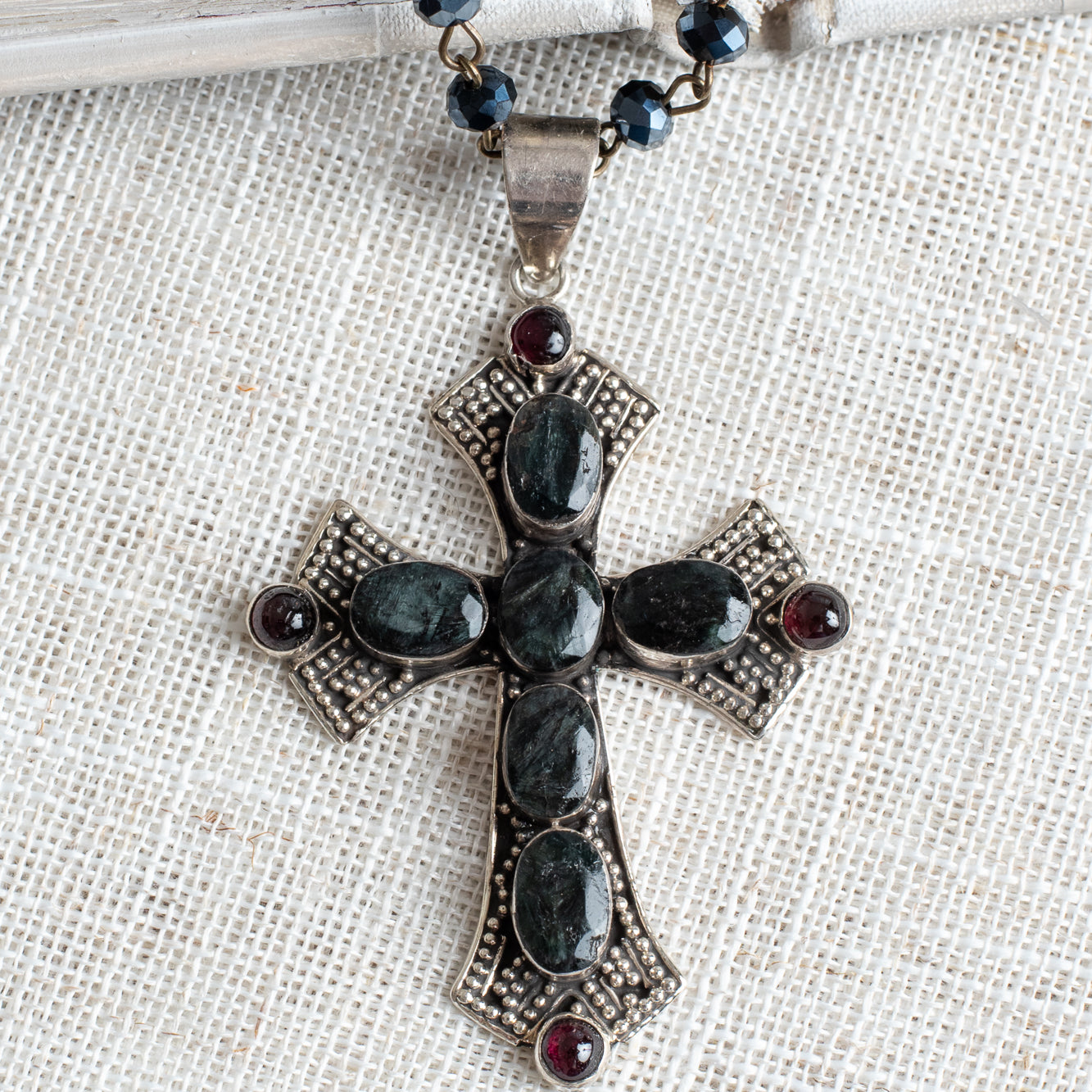 Ornate Dark Sapphire Sterling Silver Cross on a Black Crystal Rosary Chain Necklace