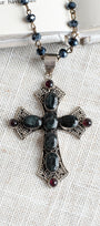 Ornate Dark Sapphire Sterling Silver Cross on a Black Crystal Rosary Chain Necklace