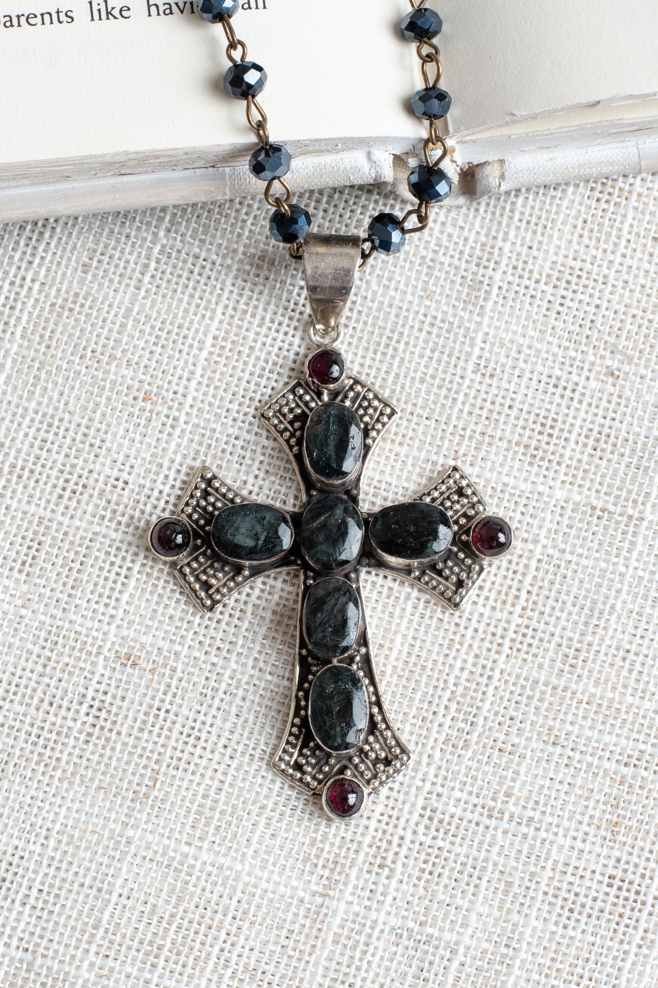 Ornate Dark Sapphire Sterling Silver Cross Pendant on a Black Crystal Rosary Chain Necklace
