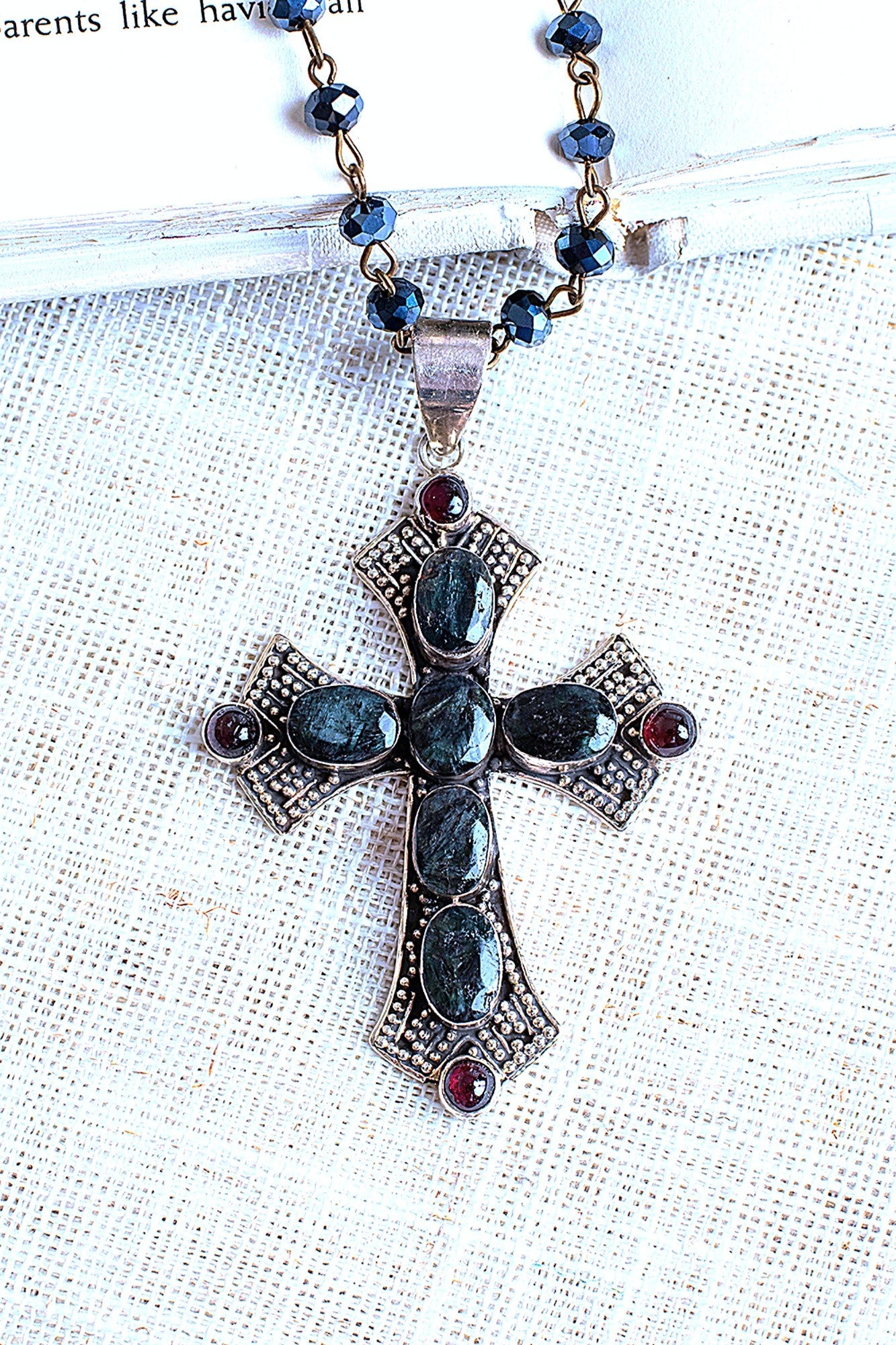 Ornate Dark Sapphire Sterling Silver Cross Pendant on a Black Crystal Rosary Chain Necklace