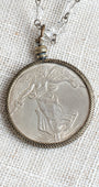 Antique Silver Dollar Coin Replica Bronze Bezel Pendant on a Bronze and Crystal Rosary Chain