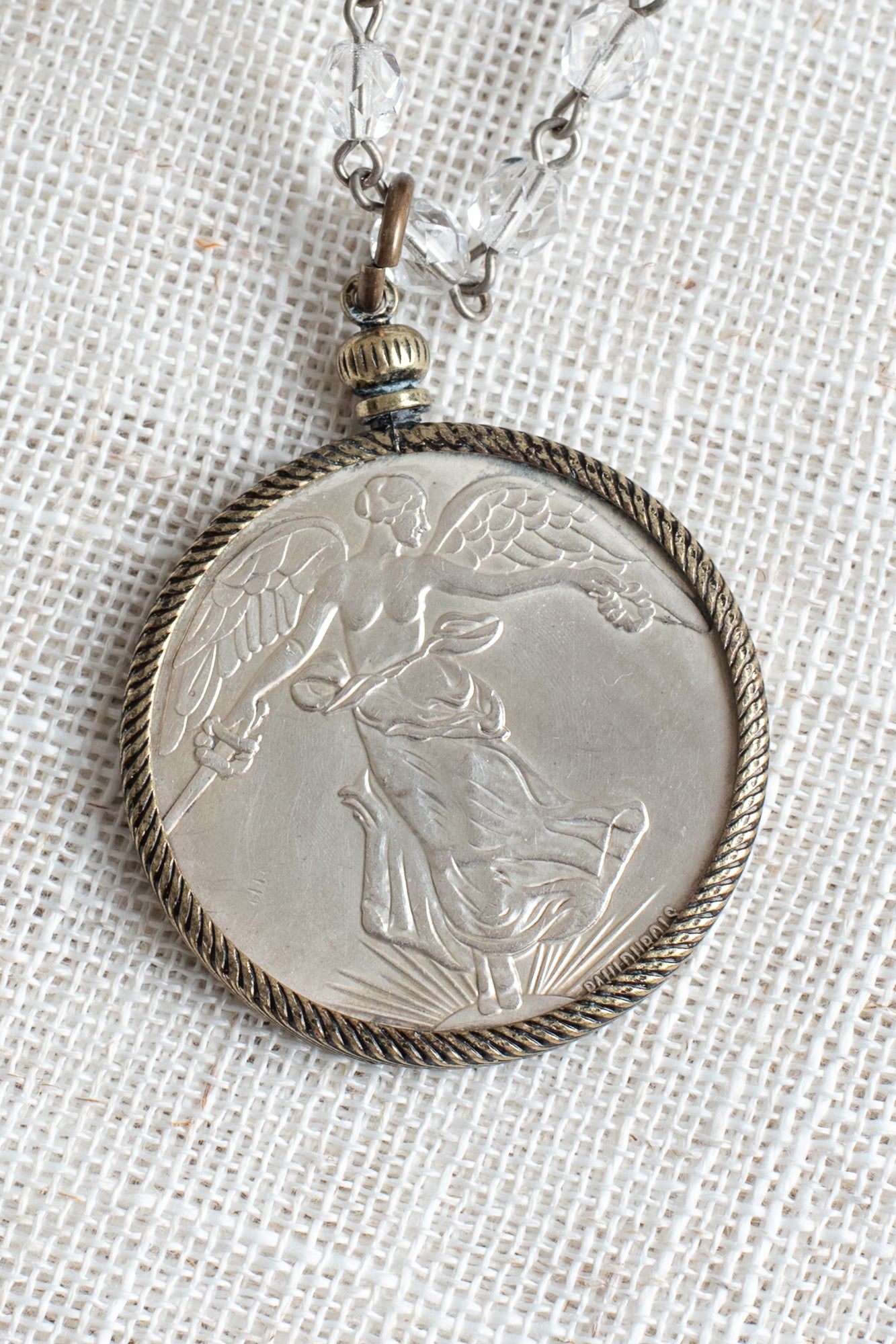 Antique Silver Dollar Coin Replica Bronze Bezel Pendant on a Bronze and Crystal Rosary Chain