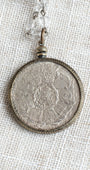 Antique Silver Dollar Coin Replica Bronze Bezel Pendant on a Bronze and Crystal Rosary Chain