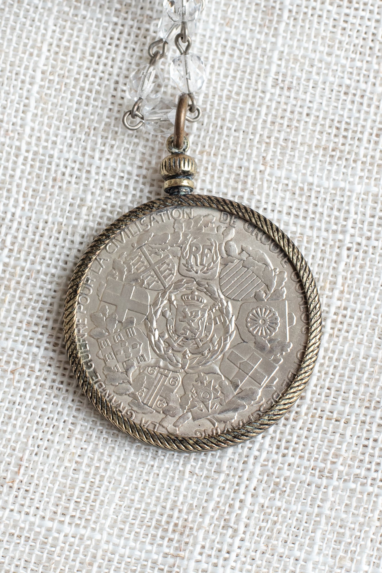 Antique Silver Dollar Coin Replica Bronze Bezel Pendant on a Bronze and Crystal Rosary Chain