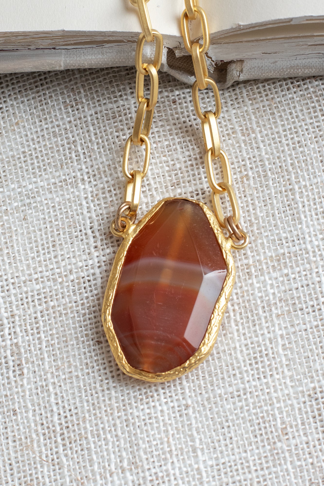 Faceted Natural Copper Swirl Agate Pendant on Matte 22 kt Gold Chain Necklace