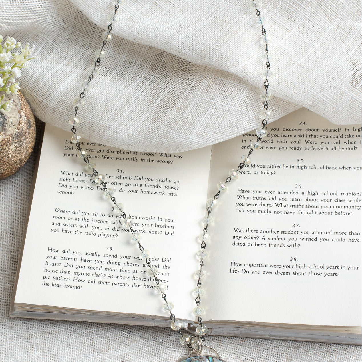 Sterling Silver Multicolor Abalone Pendant with 3 Tear Drop Peridot on a Clear Crysal Rosary Chain