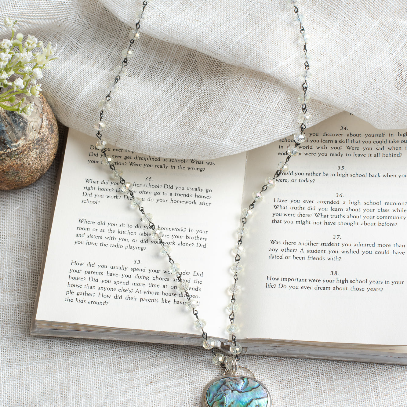 Sterling Silver Multicolor Abalone Pendant with 3 Tear Drop Peridot on a Clear Crysal Rosary Chain