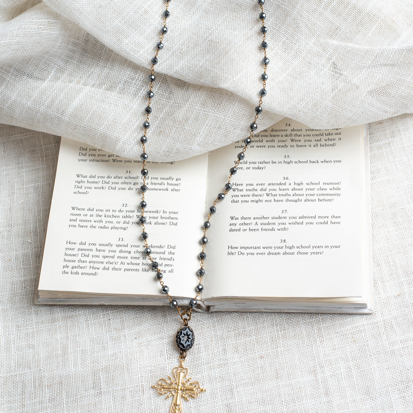 22 ct Matte Gold Over Silver Filigree Cross Pendant on Hematite and Bronze Rosary Chain