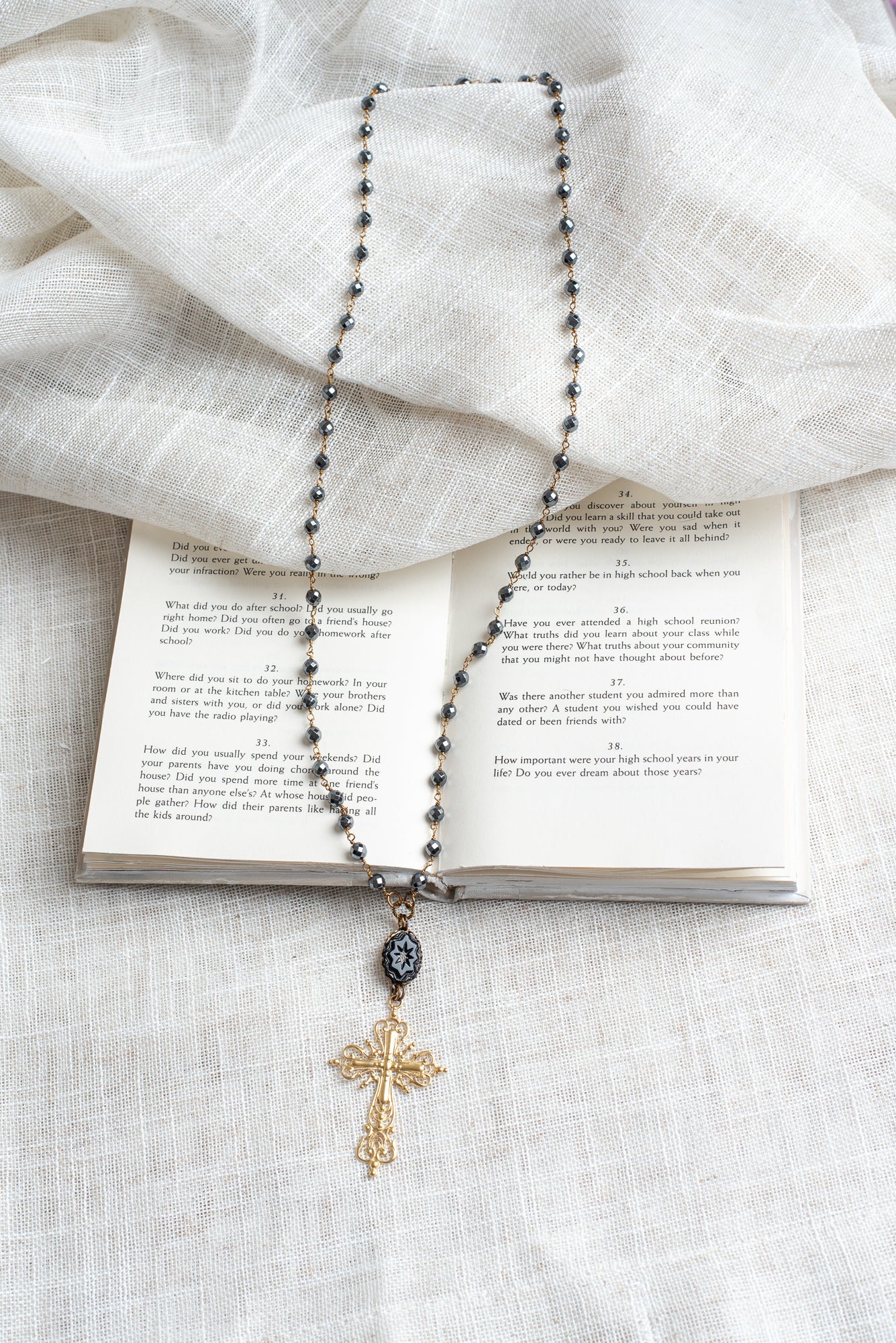 22 ct Matte Gold Over Silver Filigree Cross Pendant on Hematite and Bronze Rosary Chain