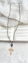22 ct Matte Gold Over Silver Filigree Cross Pendant on Hematite and Bronze Rosary Chain