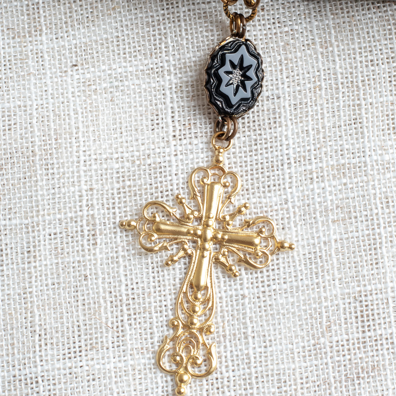 22K Matte Gold Filigree Cross & Hematite Art Nouveau Long Necklace