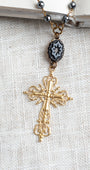 22 ct Matte Gold Over Silver Filigree Cross Pendant on Hematite and Bronze Rosary Chain