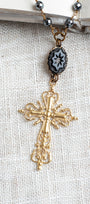 22K Matte Gold Filigree Cross & Hematite Art Nouveau Long Necklace