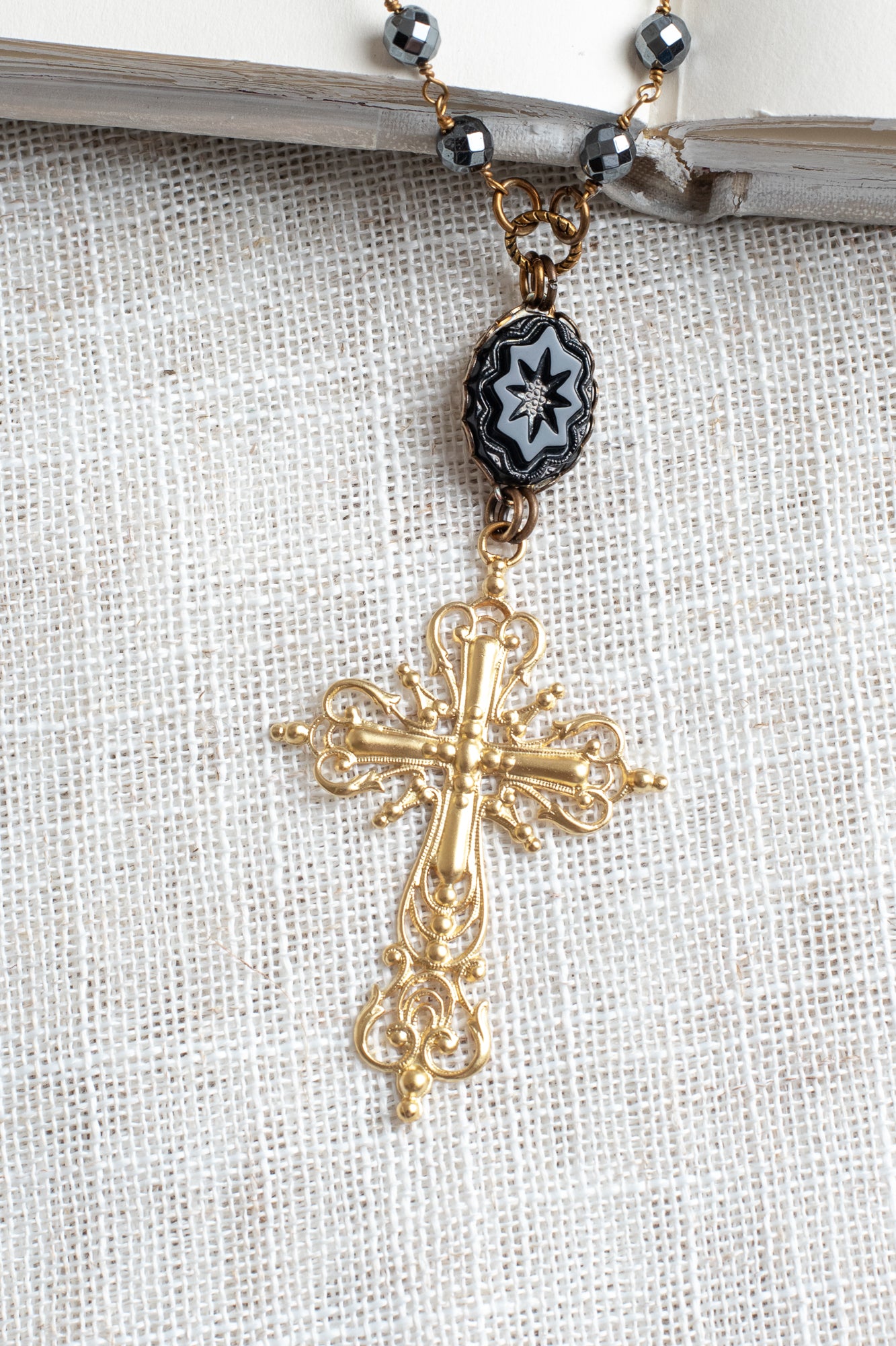 22 ct Matte Gold Over Silver Filigree Cross Pendant on Hematite and Bronze Rosary Chain