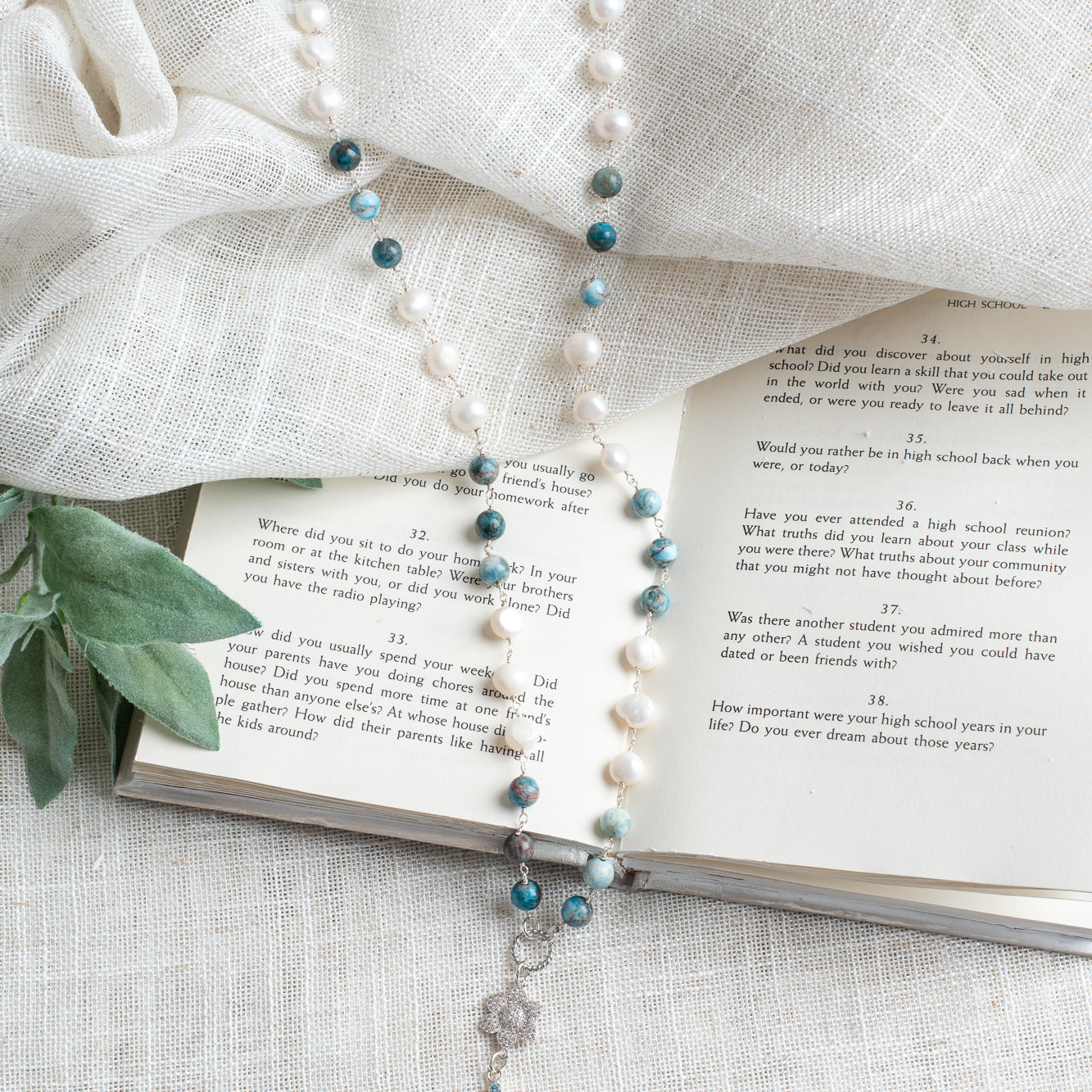 Blue Topaz Sterling Silver Christian Cross Pendant on a Gem Apatite and Pearl Sterling Silver Rosary Chain Necklace