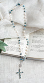 Blue Topaz Sterling Silver Christian Cross Pendant on a Gem Apatite and Pearl Sterling Silver Rosary Chain Necklace