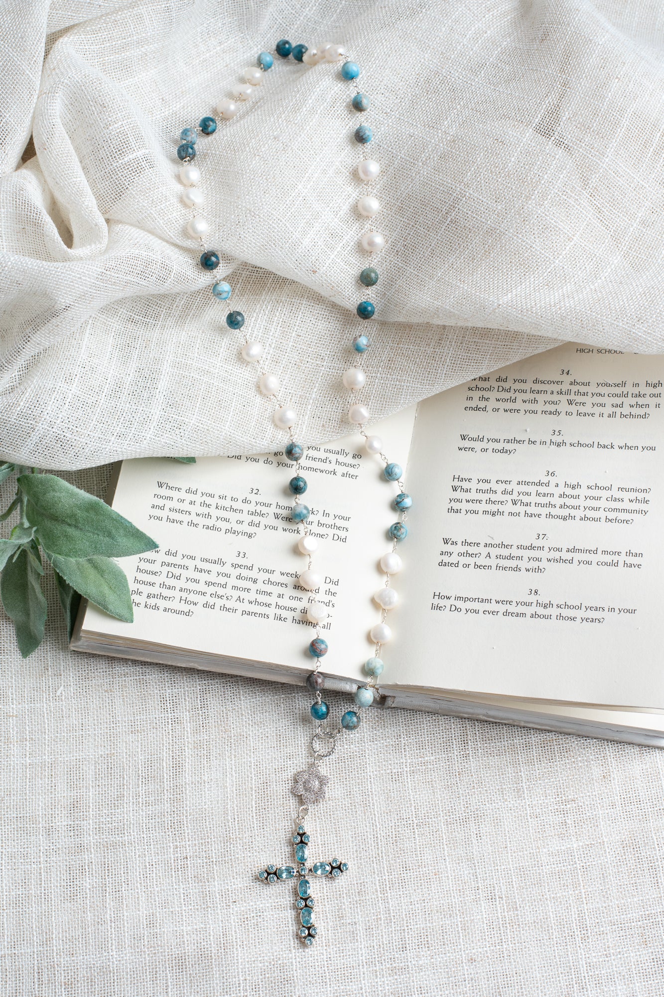 Blue Topaz Sterling Silver Christian Cross Pendant on a Gem Apatite and Pearl Sterling Silver Rosary Chain Necklace