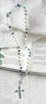 Blue Topaz Sterling Silver Christian Cross Pendant on a Gem Apatite and Pearl Sterling Silver Rosary Chain Necklace