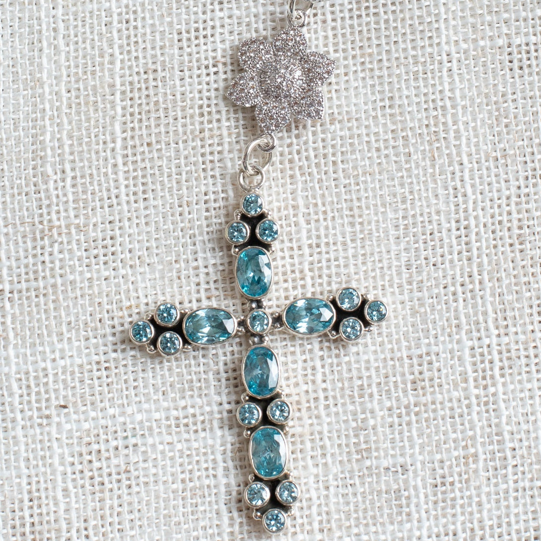 Blue Topaz Sterling Cross Pendant on Apatite and Pearl Sterling Rosary Chain Necklace