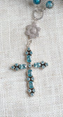 Blue Topaz Sterling Silver Christian Cross Pendant on a Gem Apatite and Pearl Sterling Silver Rosary Chain Necklace