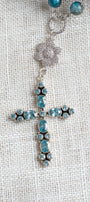 Blue Topaz Sterling Cross Pendant on Apatite and Pearl Sterling Rosary Chain Necklace