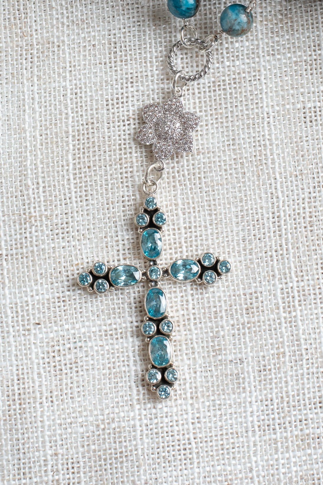 Blue Topaz Sterling Silver Christian Cross Pendant on a Gem Apatite and Pearl Sterling Silver Rosary Chain Necklace