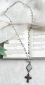 Black Pavé Christian Cross Pendant with Soldered Crystal Connector Amazonite Rosary Bead Necklace