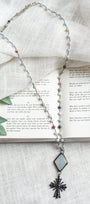 Black Pavé Christian Cross Pendant with Soldered Crystal Connector Amazonite Rosary Bead Necklace