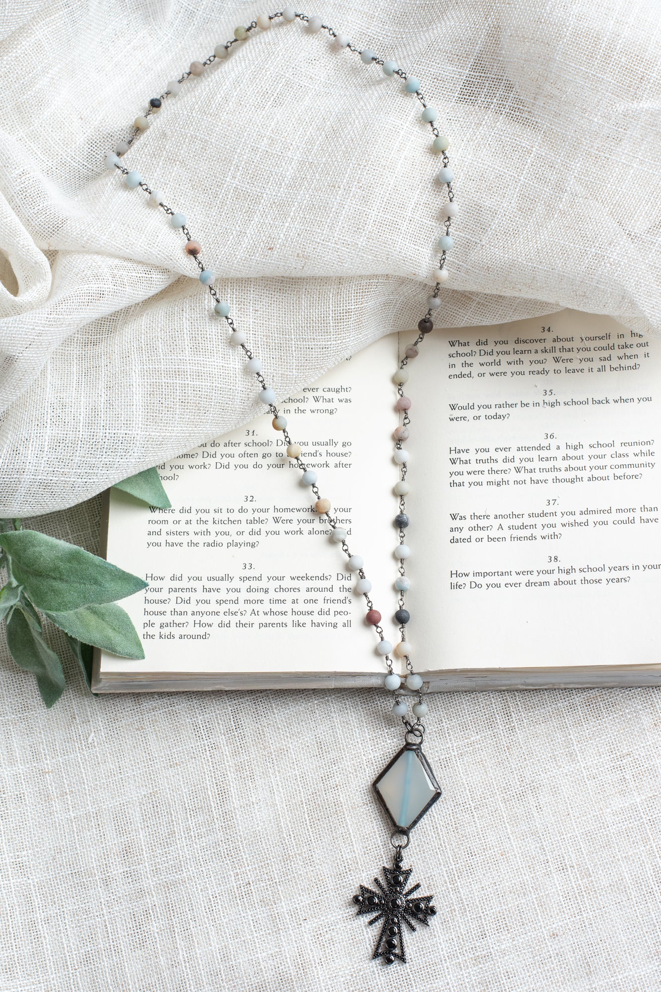 Black Pavé Christian Cross Pendant with Soldered Crystal Connector Amazonite Rosary Bead Necklace