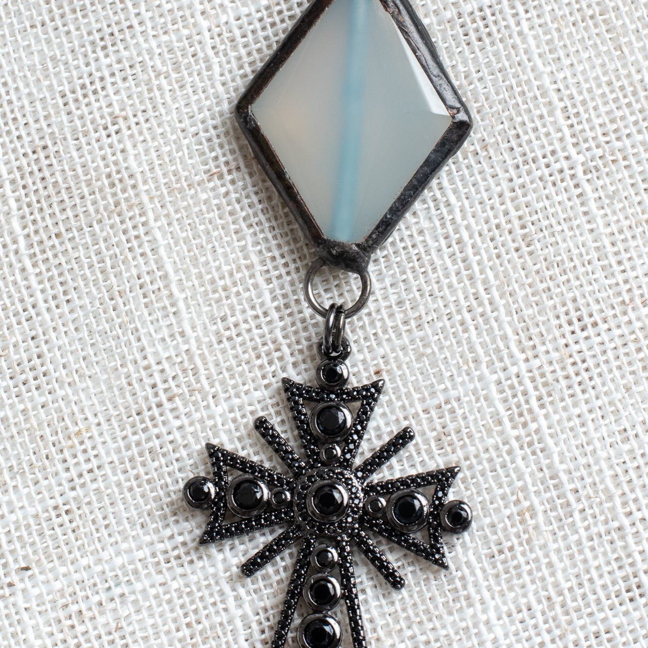Matte Amazonite, Hand-Soldered Quartz & Black Pavé Cross Long Necklace