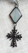 Black Pavé Christian Cross Pendant with Soldered Crystal Connector Amazonite Rosary Bead Necklace
