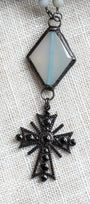Matte Amazonite, Hand-Soldered Quartz & Black Pavé Cross Long Necklace