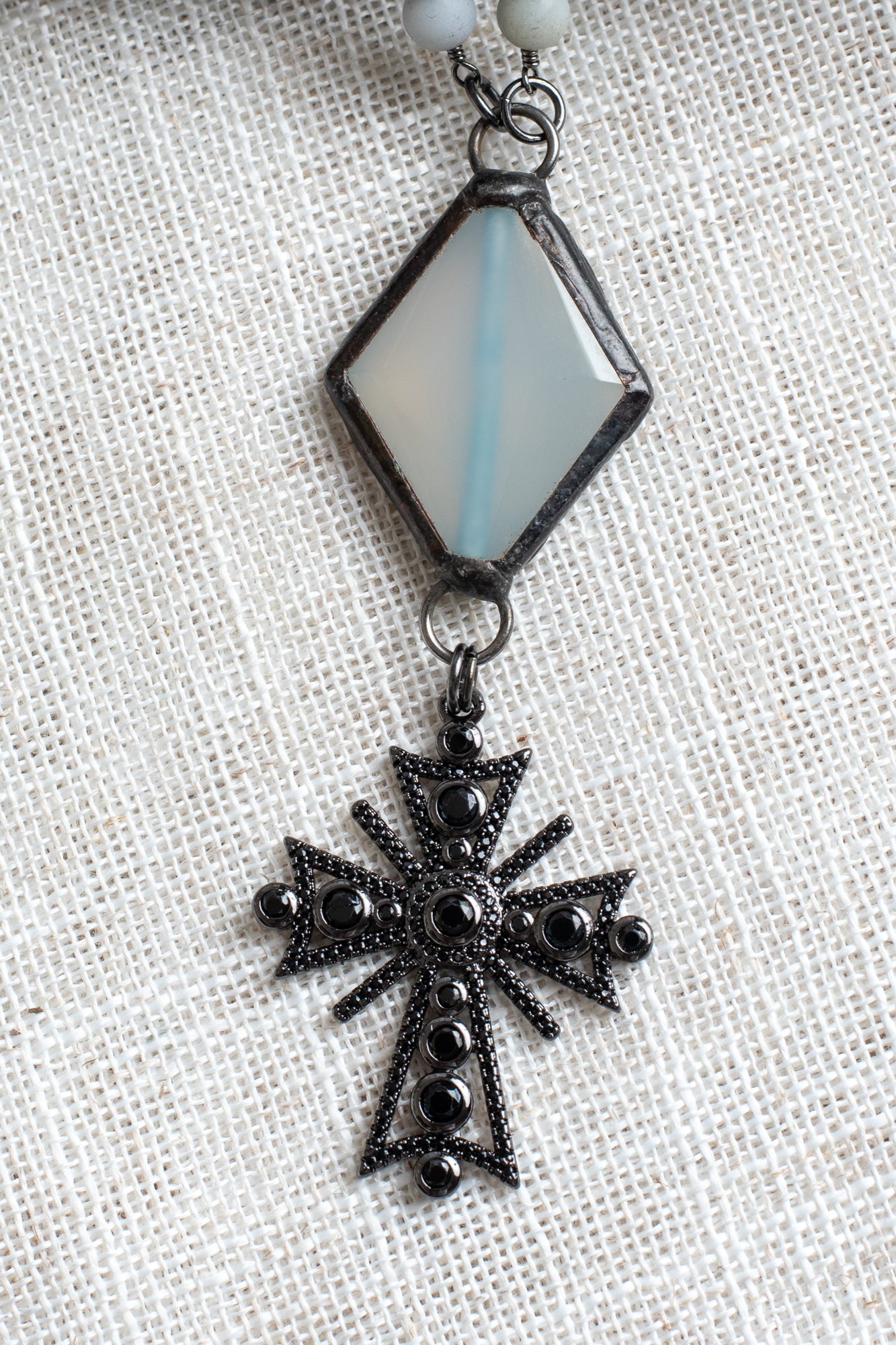 Black Pavé Christian Cross Pendant with Soldered Crystal Connector Amazonite Rosary Bead Necklace