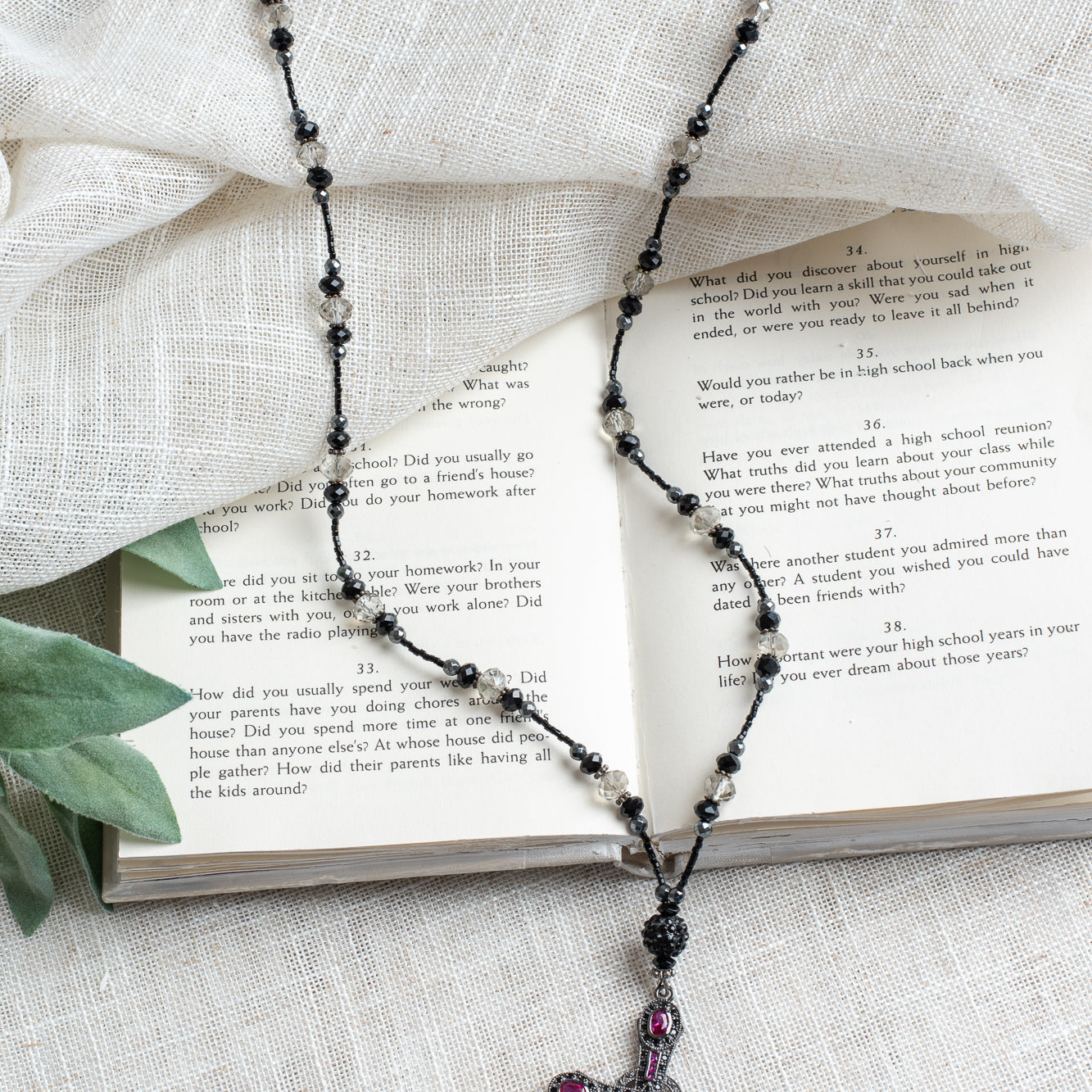 Art Deco Sterling Silver Black Cross with Pave Pink and Black Stones on Necklace Made of Crystal Beads