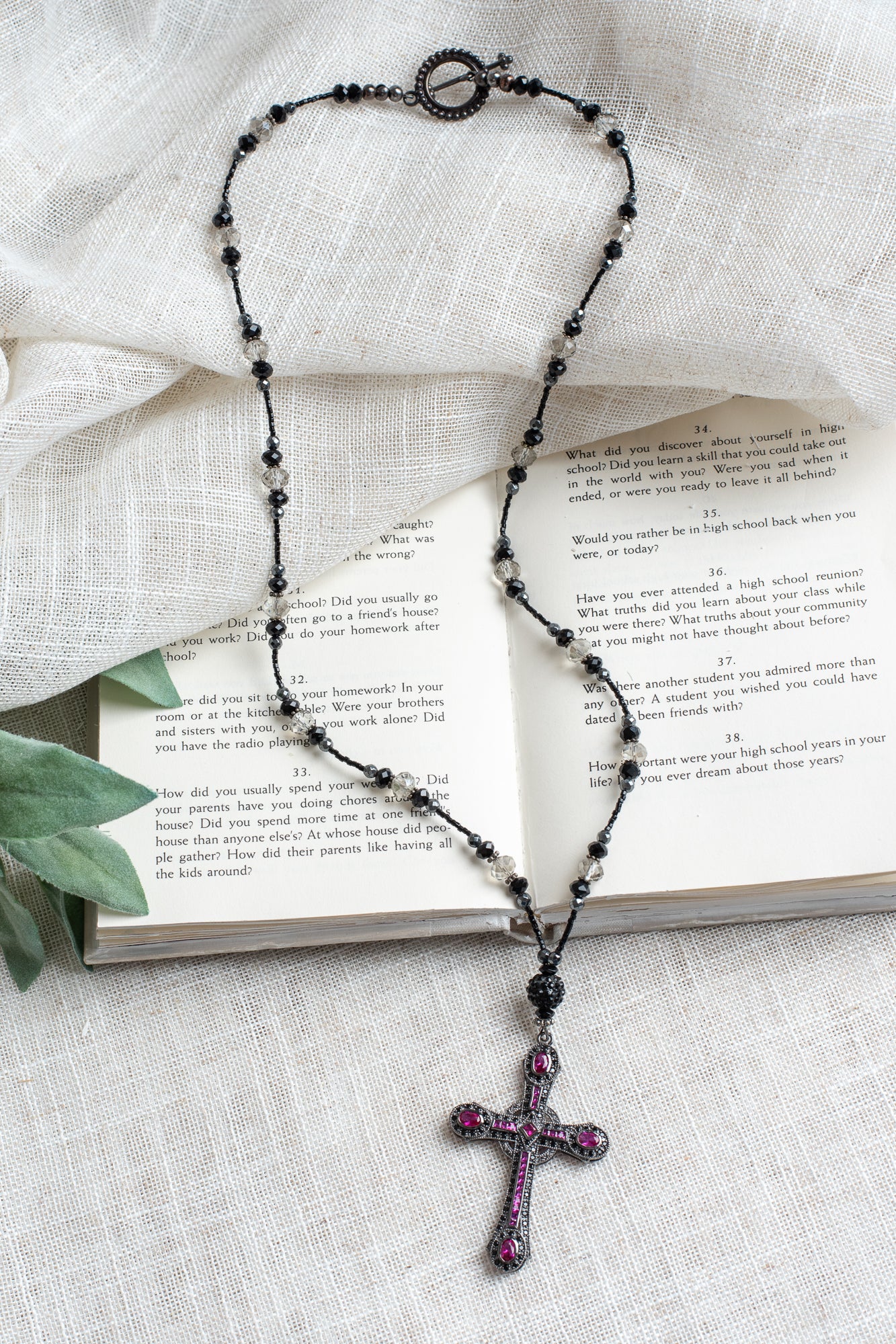Art Deco Sterling Silver Black Cross with Pave Pink and Black Stones on Necklace Made of Crystal Beads