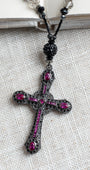 Art Deco Sterling Silver Black Cross with Pave Pink and Black Stones on Necklace Made of Crystal Beads