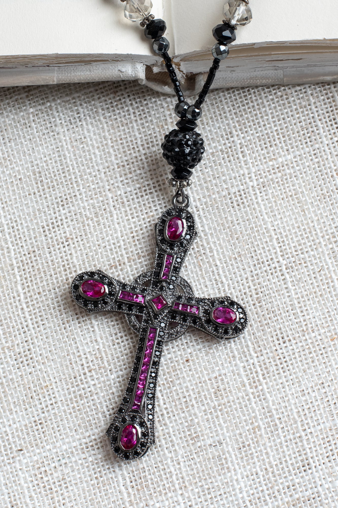 Art Deco Sterling Silver Black Cross with Pave Pink and Black Stones on Necklace Made of Crystal Beads