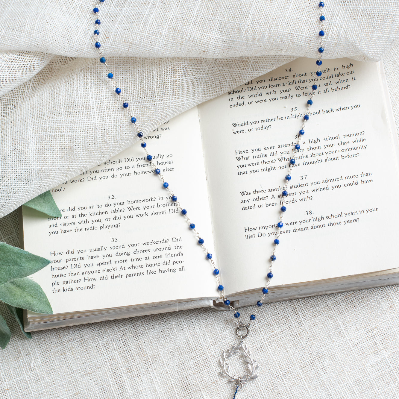 Royal Blue Crystal Cross on Blue Lapis Sterling Silver Rosary Chain Necklace