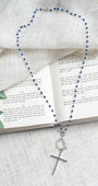 Royal Blue Crystal Cross on Blue Lapis Sterling Silver Rosary Chain Necklace