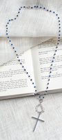 Royal Blue Crystal Cross on Blue Lapis Sterling Silver Rosary Chain Necklace