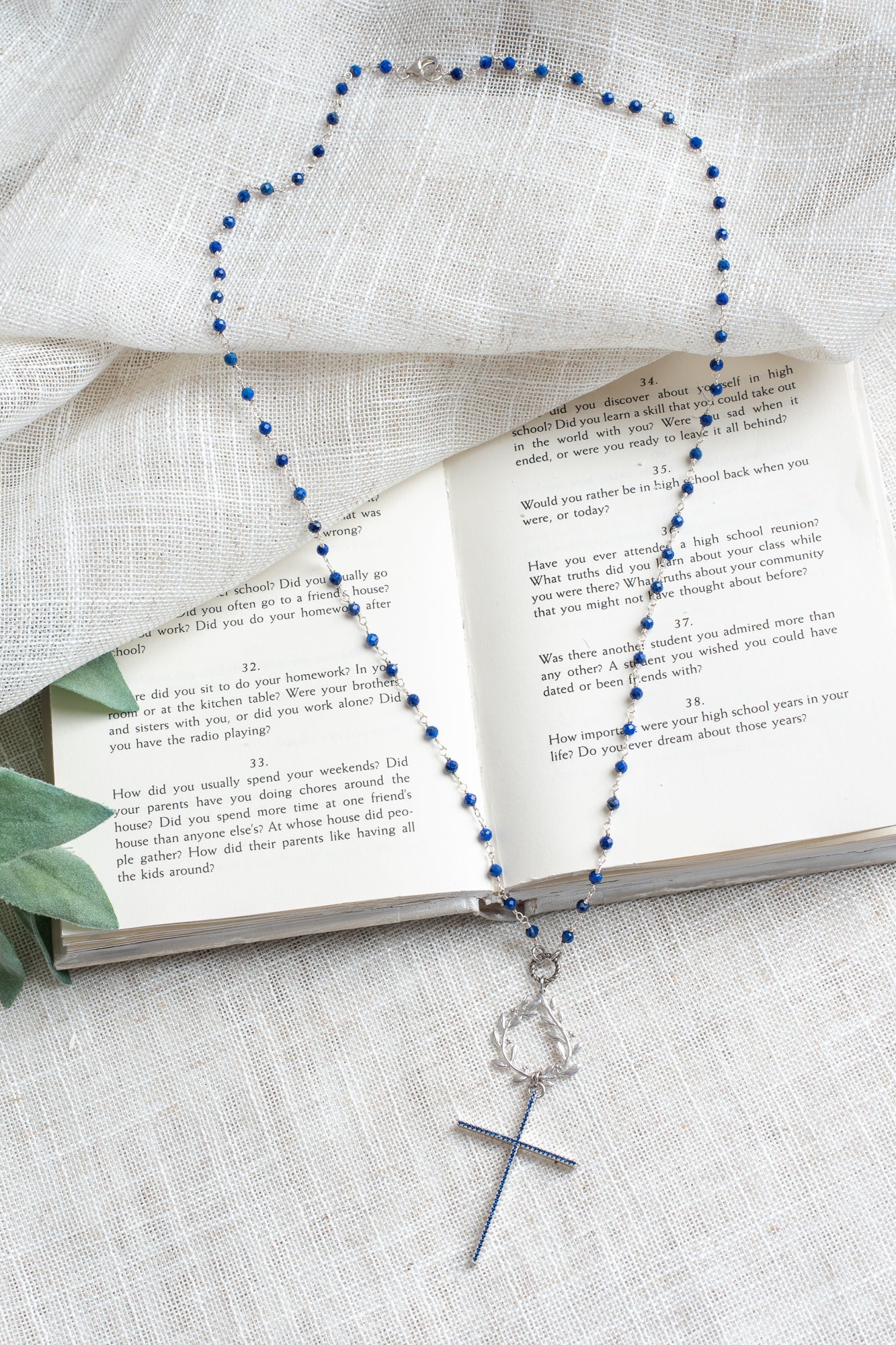 Royal Blue Crystal Cross on Blue Lapis Sterling Silver Rosary Chain Necklace
